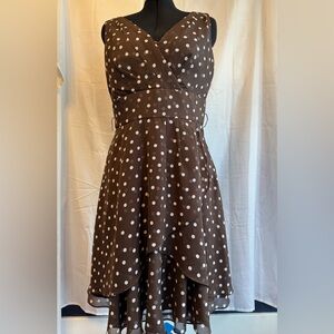 White House Black Market Satin Lined Brown Polka Dot Women's Dress. Size 12